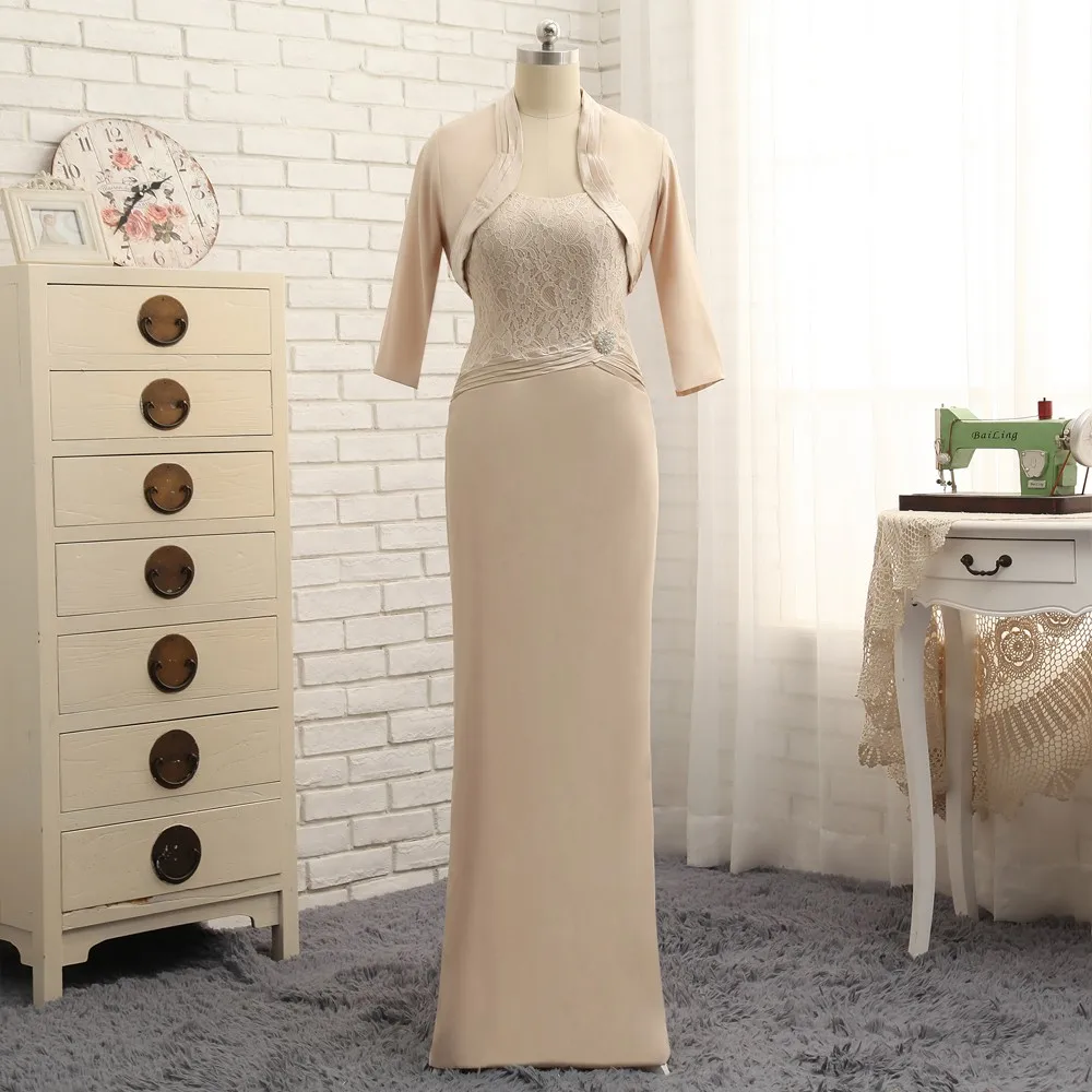 Champagne mãe da noiva vestidos bainha chiffon renda com jaqueta plus size longo noivo vestidos de mãe para o casamento