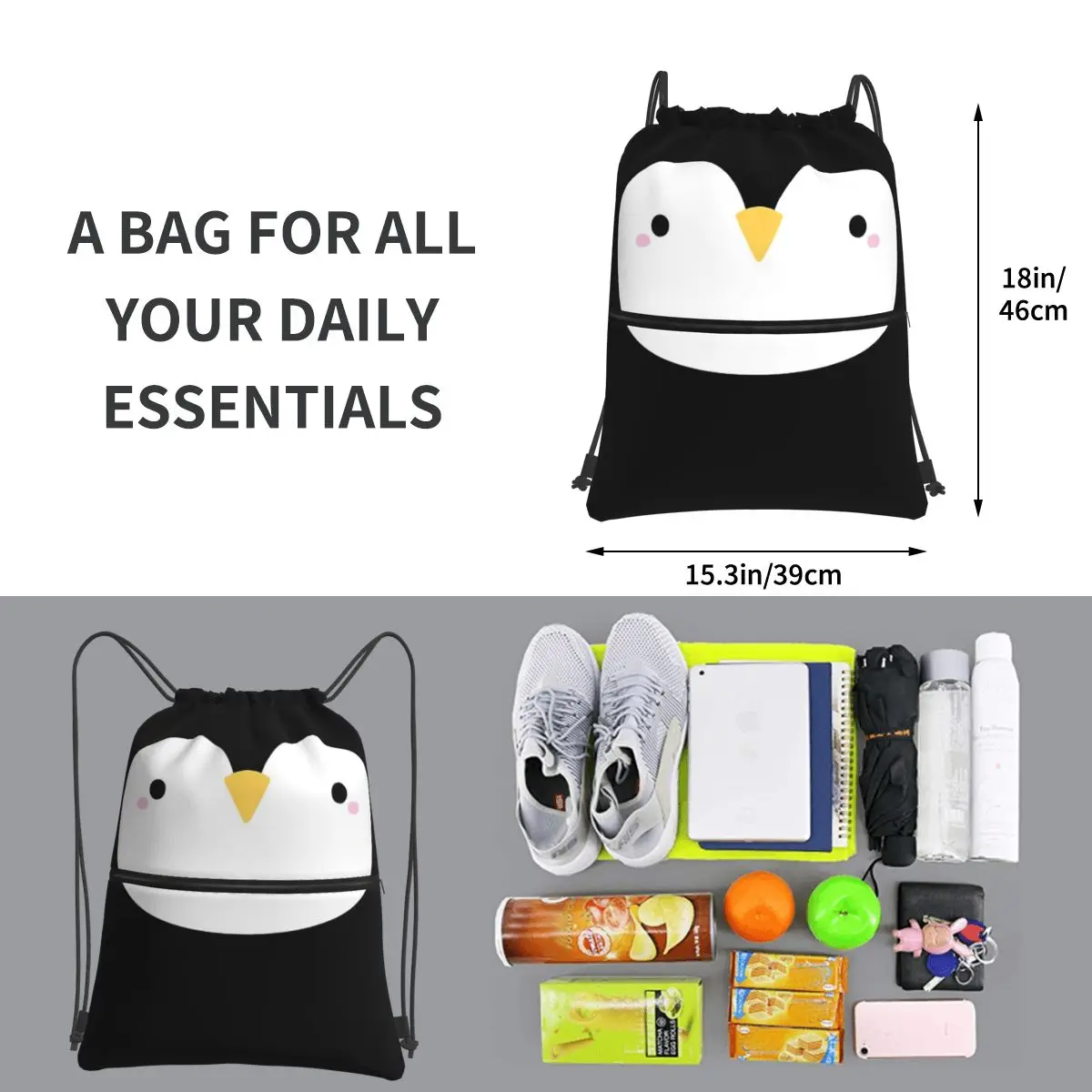 Cute Little Penguin Face Mochilas portáteis, Drawstring Bag, Bundle Pocket, Sapatos, Moda, Estudantes da escola