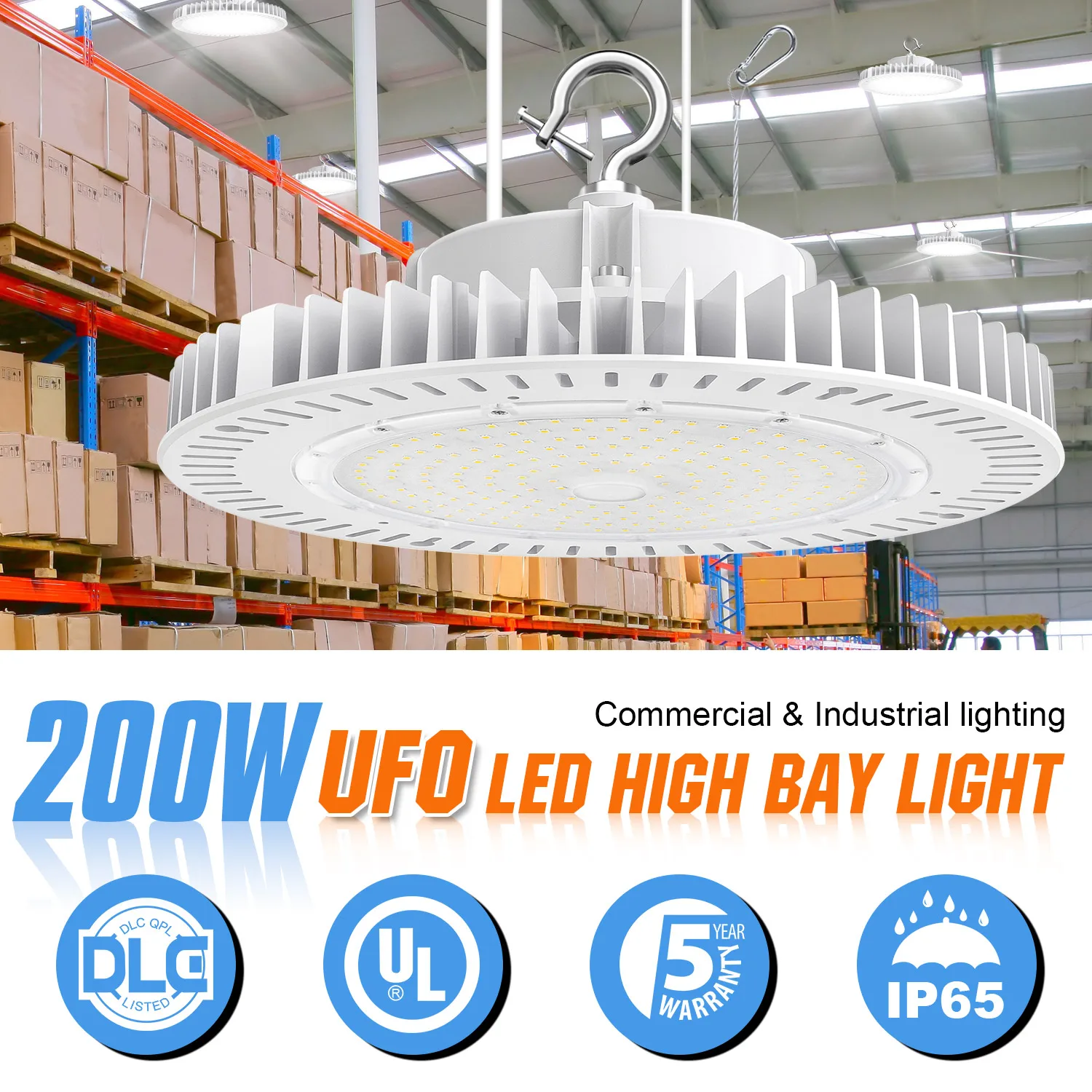 200W High Bay LED Light AC100-277V 28,000LM(150Lm/w) UFO Lighting Fixture 0-10V Dimmable 5000K Daylight IP65 UL Listed 6ft Cable