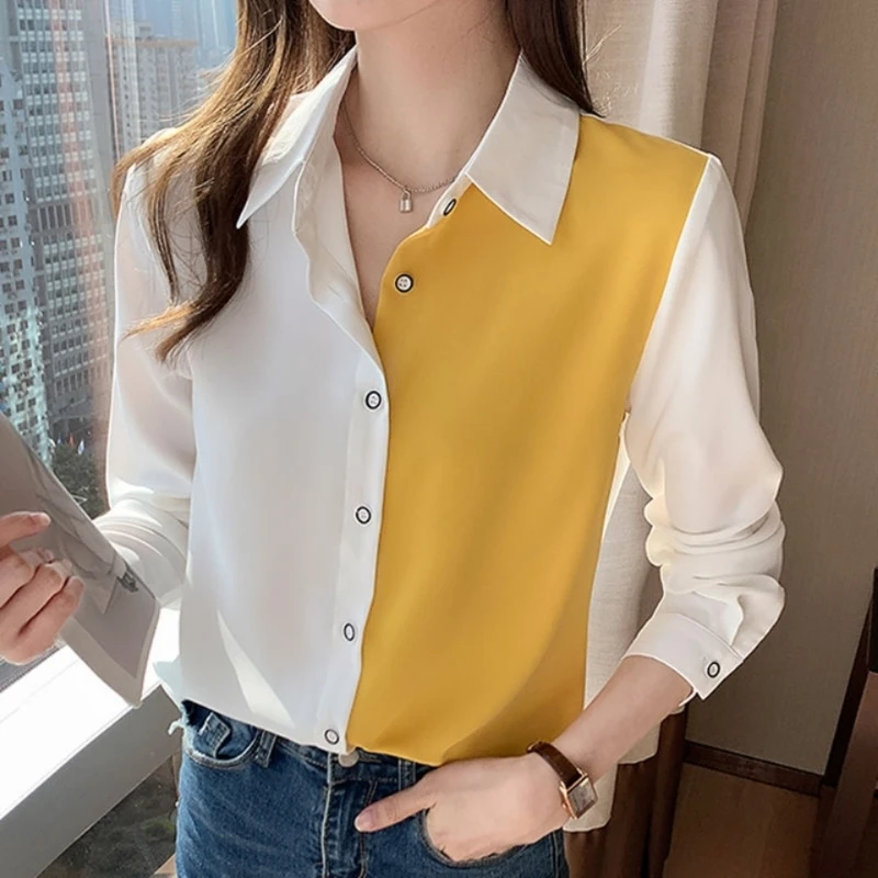 Kantoor Dame Effen Kleur Blouses Knoop Turn-Down Kraag Eenvoudige Losse Shirts Tops Vrouwen Lente Herfst Nieuwe Gratie Trendkleding