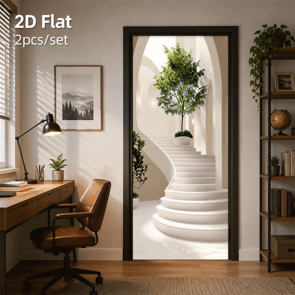1 door sticker with white curved staircase and green plants in a dreamy scene 2D plan