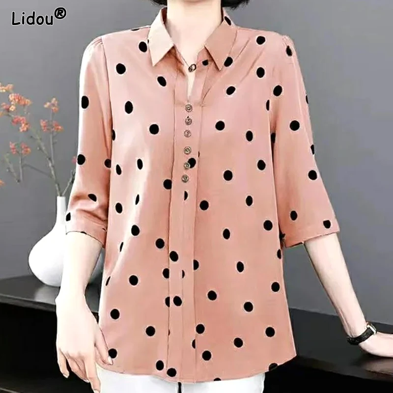 

Simplicity Turn-down Collar Dot Pattern T-Shirts Button Printing Casual Loose Elbow Sleeve Thin Summer Women's Clothing 2023