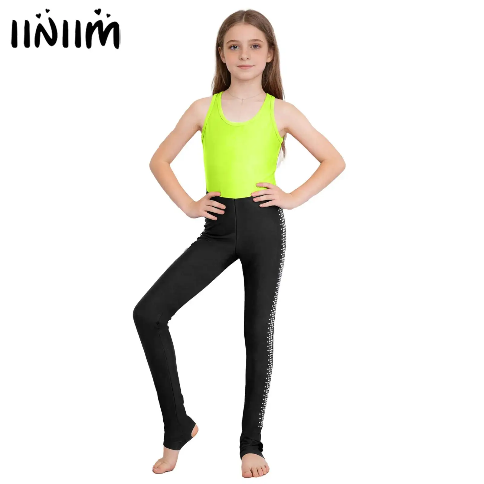 

Детский гимнастический костюм для девочек, для фигурного катания, балета, танцев, комбинезон, блестящий, со стразами, с ушками для штанг, боди