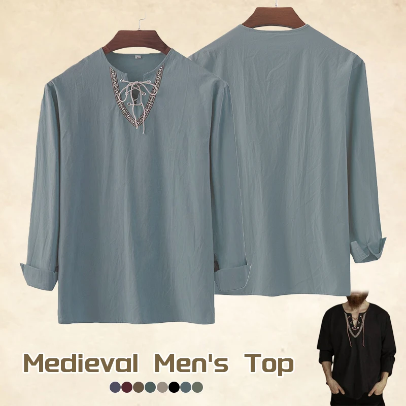 

Vikings Shirt Cotton Linen Flax Tops Lace Up Long Sleeves Blouse Mens V Neck Medieval Costume Embroidery Tunic Casual Shirt