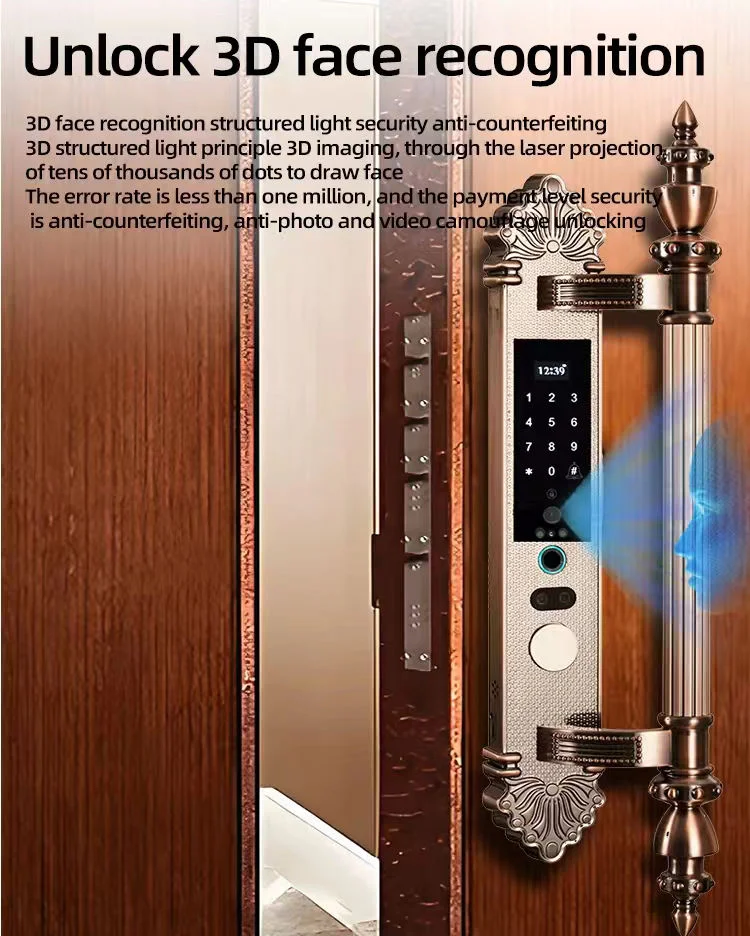 Waterproof  Wireless 3D Face & Fingerprint Recognition Smart Door Lock Zinc Alloy IC Card Wood Door App Network Brass Door Key view 4