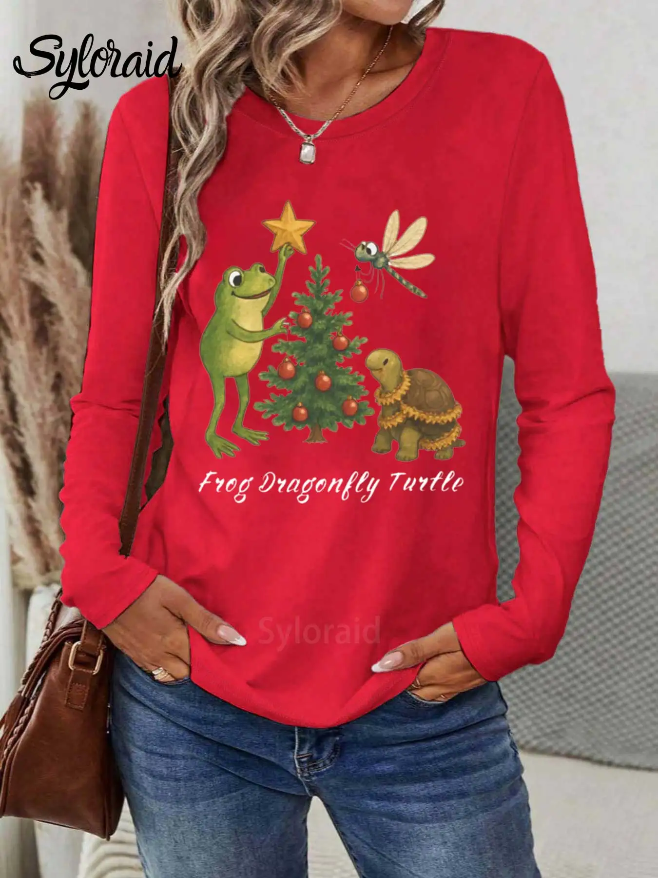 تي شيرت نسائي بأكمام طويلة، تي شيرت FDT مطبوع عليه عيد الميلاد، قميص كاجوال برقبة دائرية لجميع المواسم