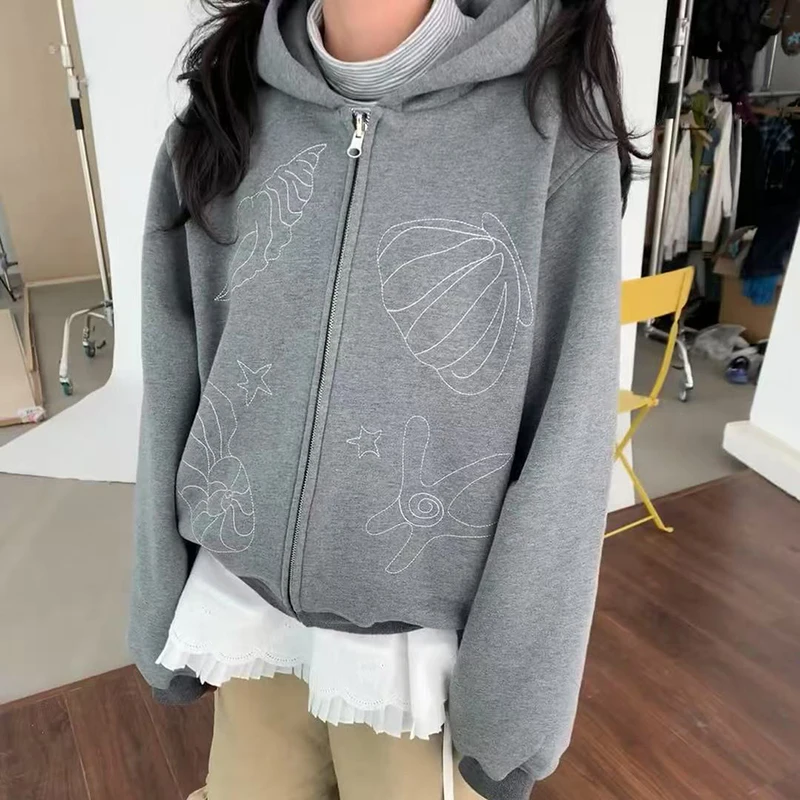 

Streetwear Hooded Sweatshirt Women Harajuku Fashion Print Zip Up Hoodies Spring Autumn Korean Long Sleeve Casual Jackets Clothes