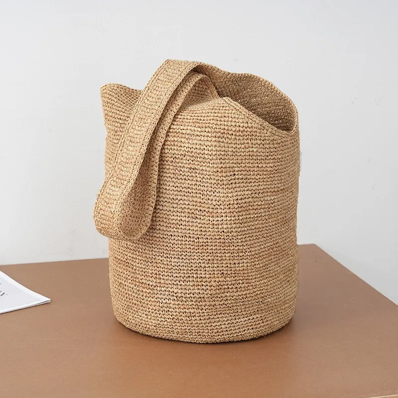 

Rattan Bucket Bag for Women Handwoven Straw Beach Bag Summer Large Capacity Shoulder Bag