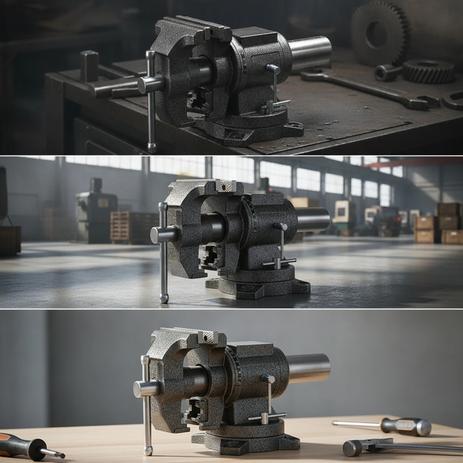 Bench Vise with Swivel Base Heavy Duty Bench Vise Tool Double-Jaw Industrial for Machinists, Metalworking, Workshops