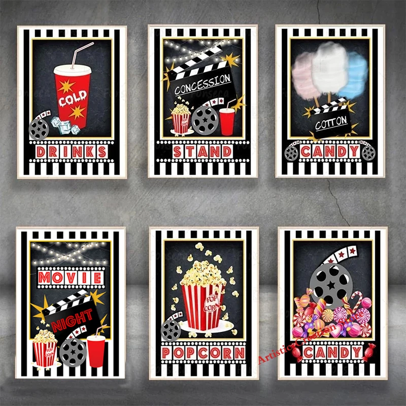 Movie Night Party Logo Poster Popcorn Cotton Candy Cold Drinks Film Sign Canvas Painting Pictures Cinema Theater Wall Home Decor