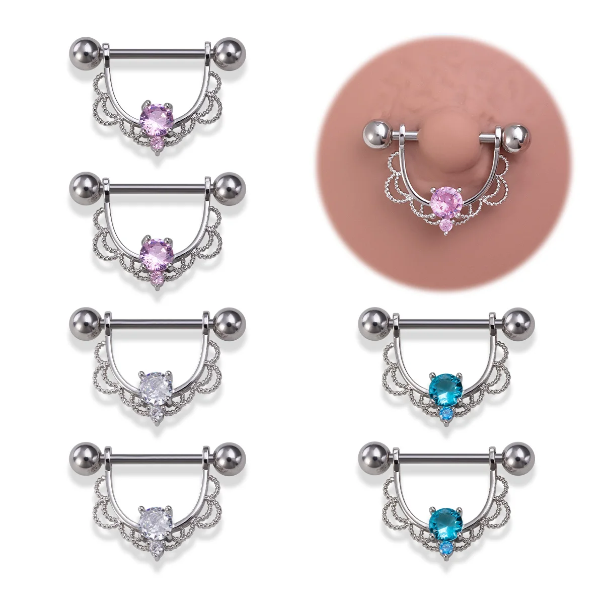 2pcs Water Drop Nipple Piercing Zircon Breast Piercing Jewelry Nipple Barbell Sexy Women Nipple Rings Shield Cover Barbell 14G