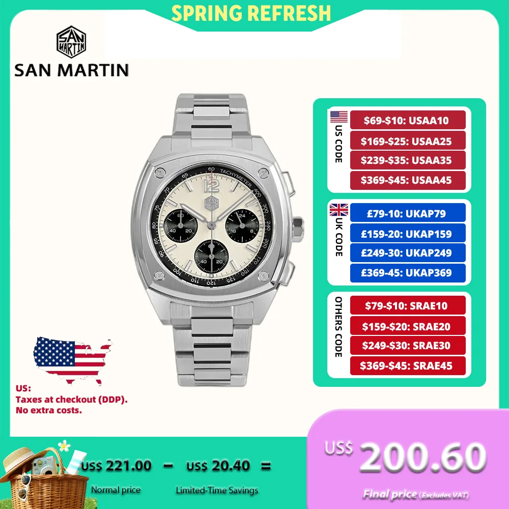 

San Martin 39.5mm VK63 Panda Quartz Chronograph Watch Men Clock Wristwatch Sport Butterfly Clasp Relogios Masculino SN0026JS