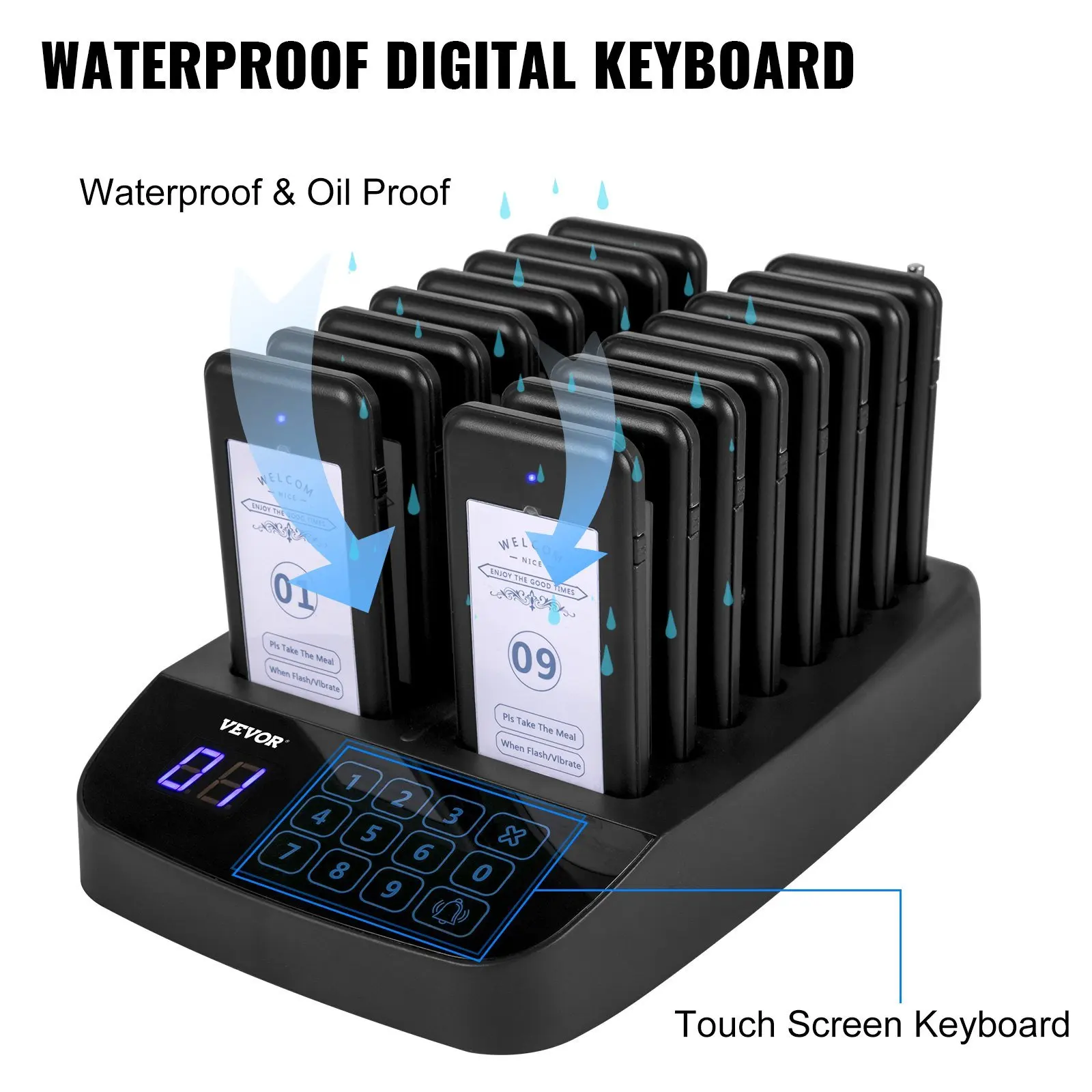 Restaurant Pager System 16 Pagers, Max 98 Beepers Wireless Calling System, Touch Keyboard with Vibration, Flashing and Buzzer