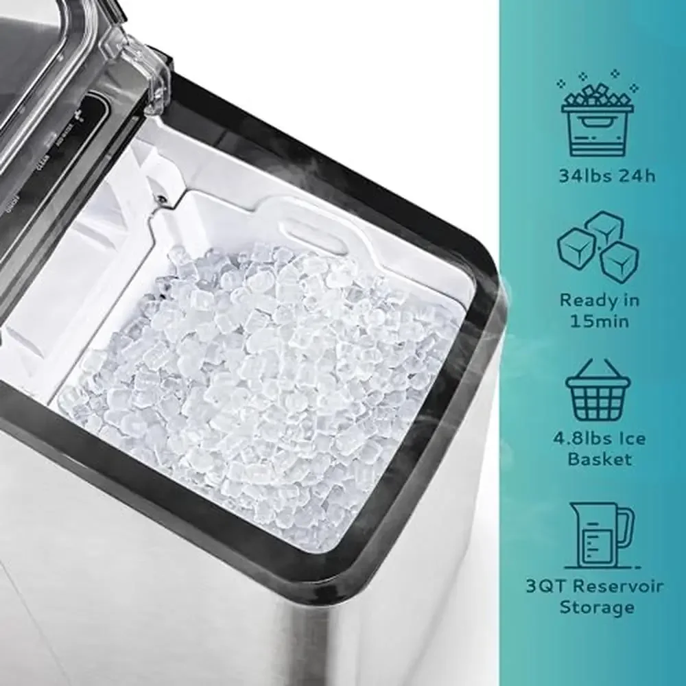 Nugget Ice Maker 34lbs/Day Self-Cleaning 2 Ways Water Refill Machine with 3Qt Reservoir Ideal Home Combo Ice Maker Ideal Chewing