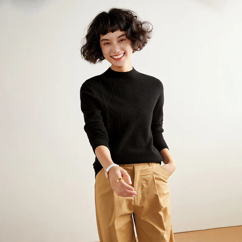 MEELEX Women Half High Neck Pullover Shirt Autumn Winter 100% Pure Cashmere Sweater Woman Casual Knit Tops Twist Flower Blouse