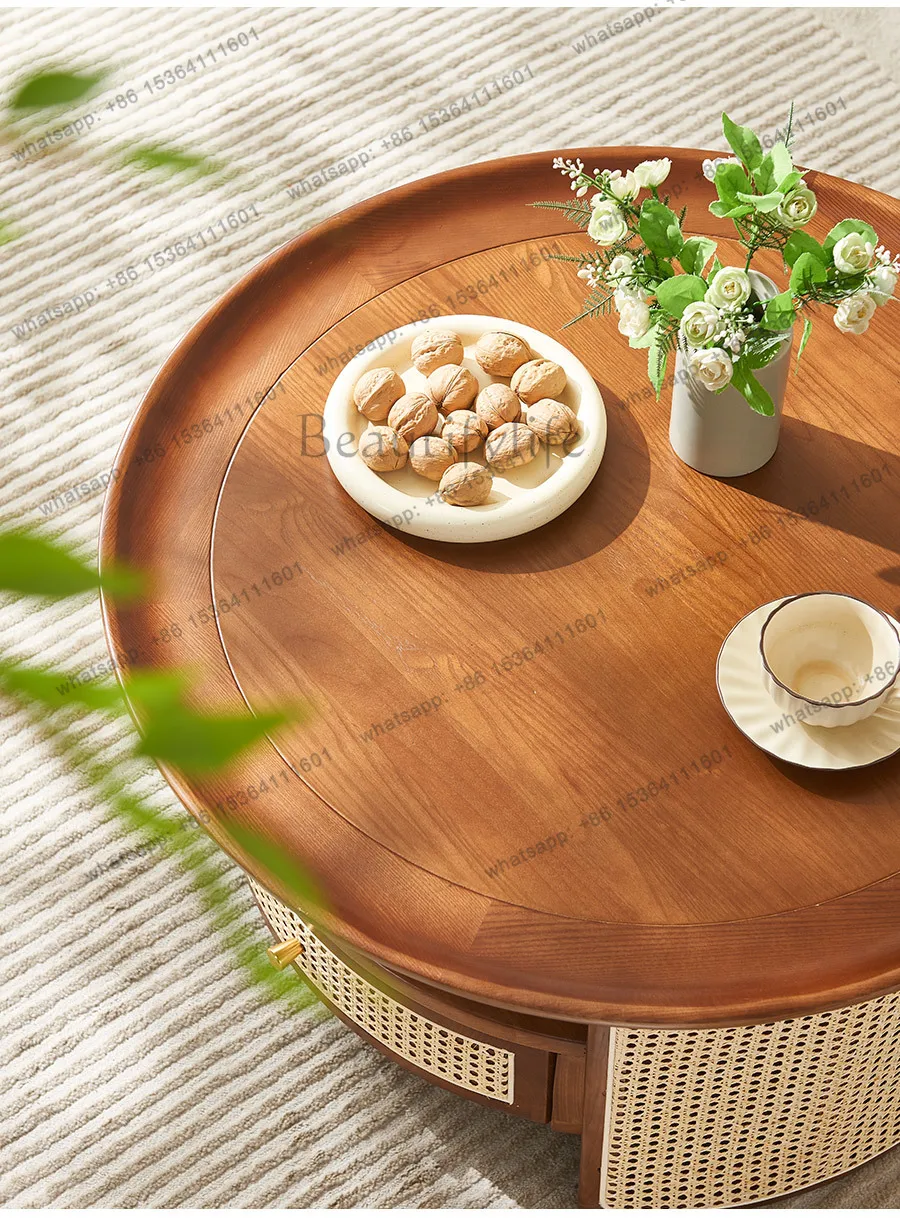 LD Nordic round coffee table Japanese-style homestay rattan furniture retro solid wood rattan round low table