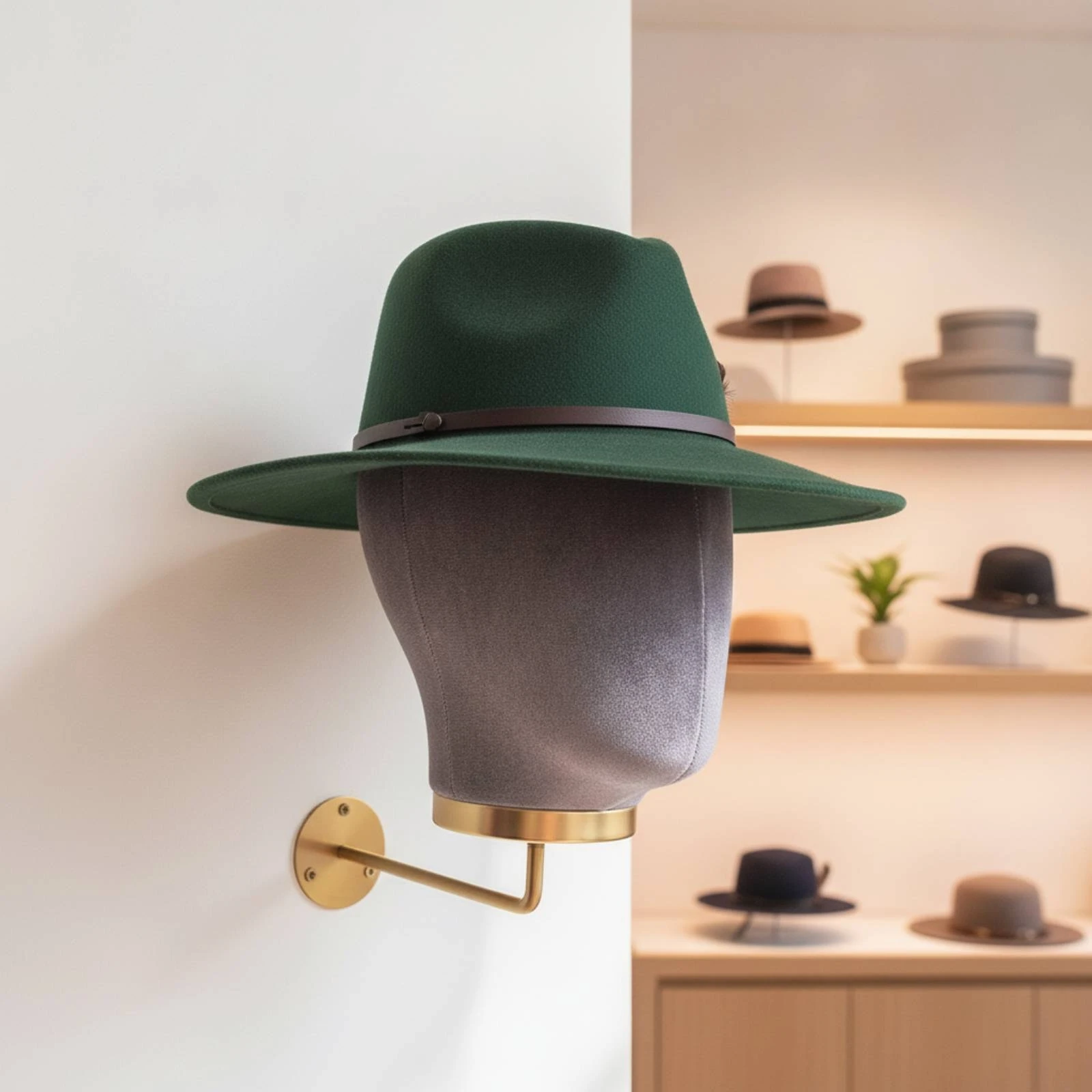 Mannequin Head Stand with Wall Mount Velvet-Covered Mannequin Head with Wall Mount Hat Display Stand Gold-Tone Hairpiece Holder