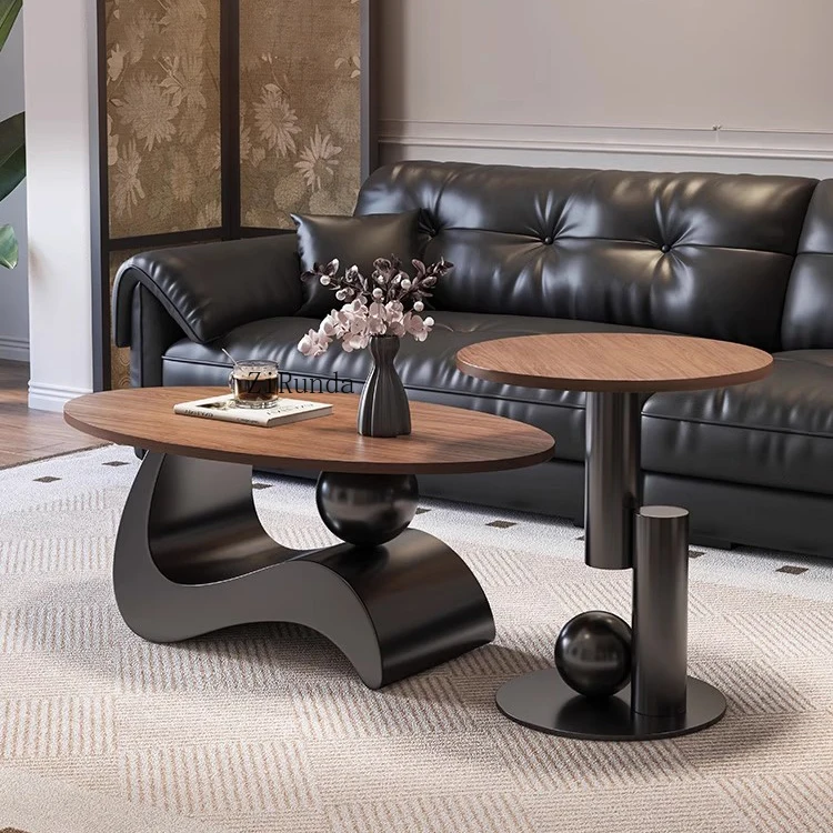 Living Room Apartment Oval Coffee Table Durable Convertible Walnut Side Table