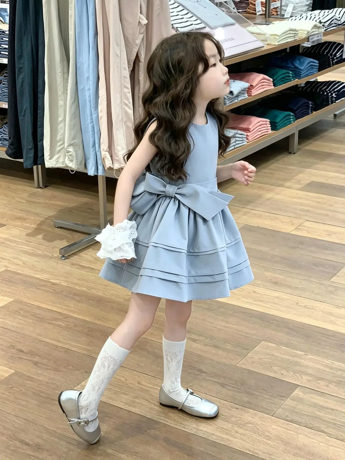 Girls Summer Dress New Style Children's Blue Bow Knot Waist-Cinching Design Sense Dress for Kids