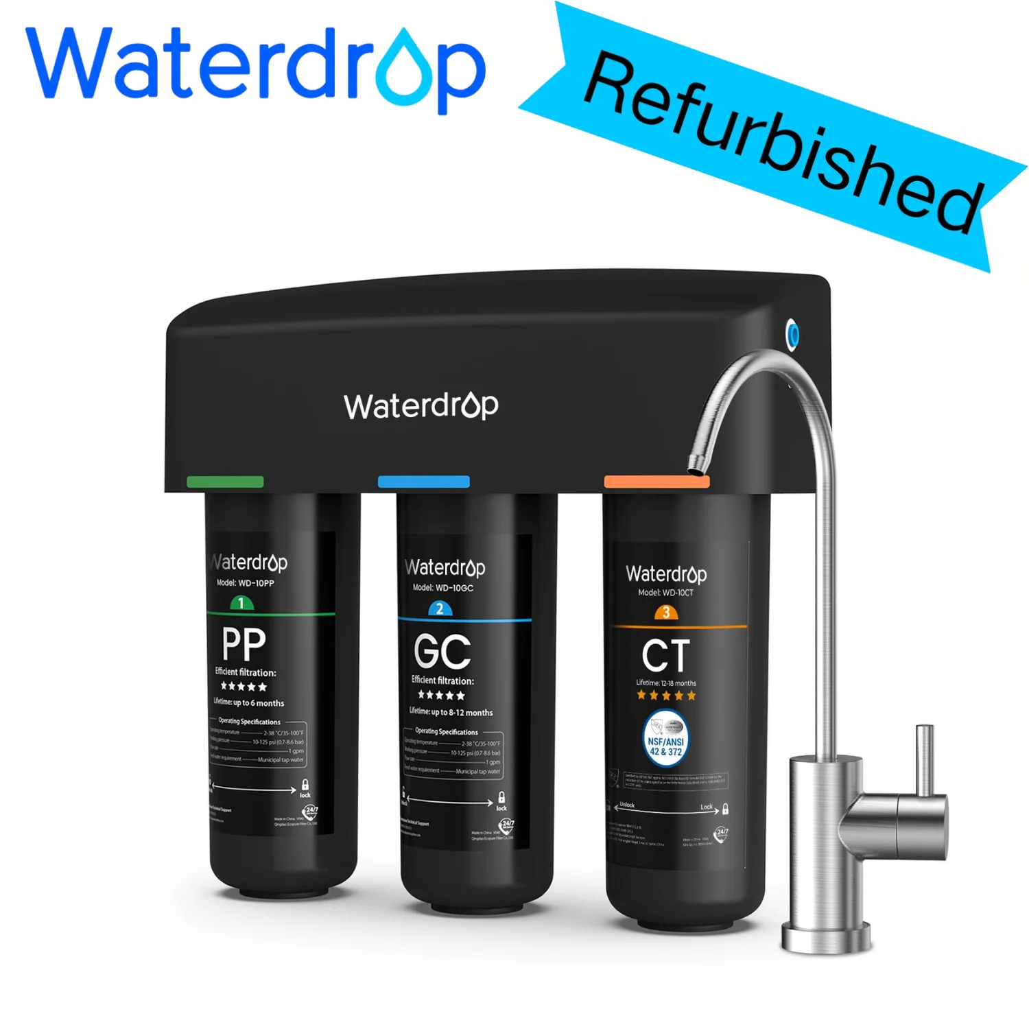 Waterdrop TSB 8 Layer Under Sink Water Filter,Reduces PFAS, PFOA/PFOS,Fluoride,Chlorine,Bad Taste&Odor,with Faucet（Refurbised）