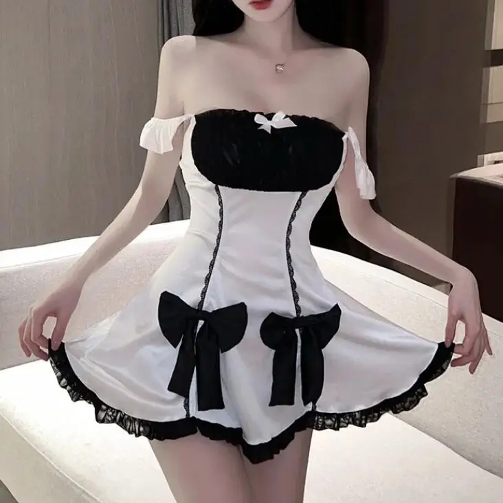 High Quality Maid Mini Dress Tops 2023 Summer Sexy Servant Dress Elegant Bow Tie Fashion Slash Neck Sweet Korean Women Sexy New