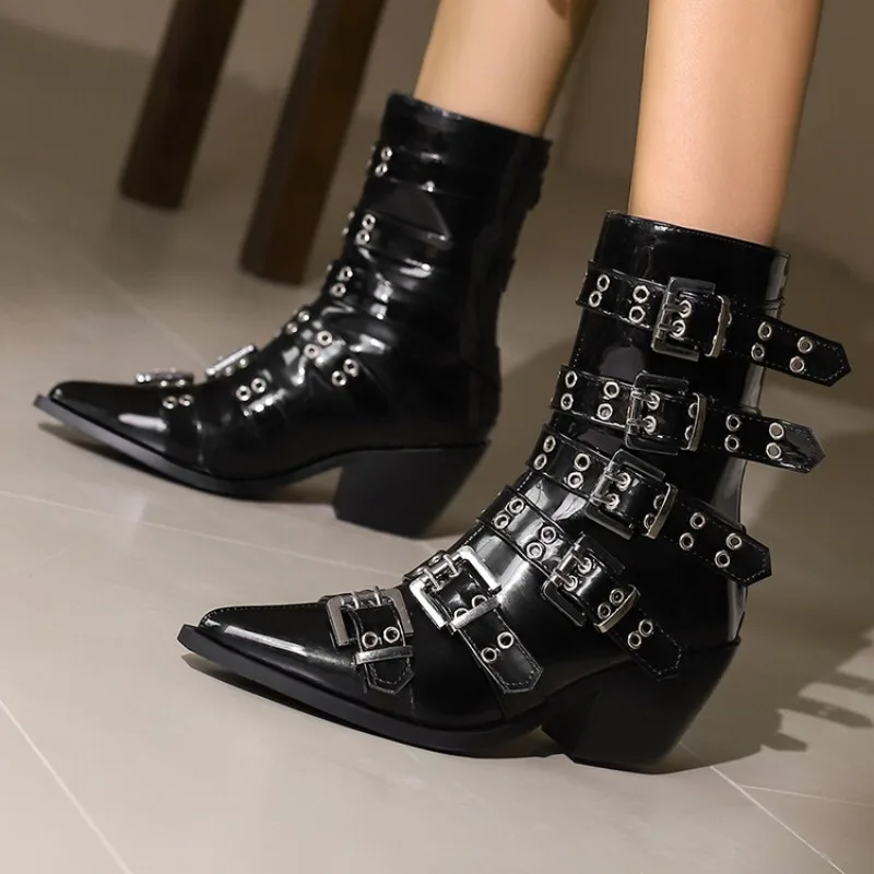 Punk Style Rivet Belt Buckle Knight Boots Autumn Winter Fashion Women Black Back Zipper Steel Pipe Dance Motorcycle Boots 35-46