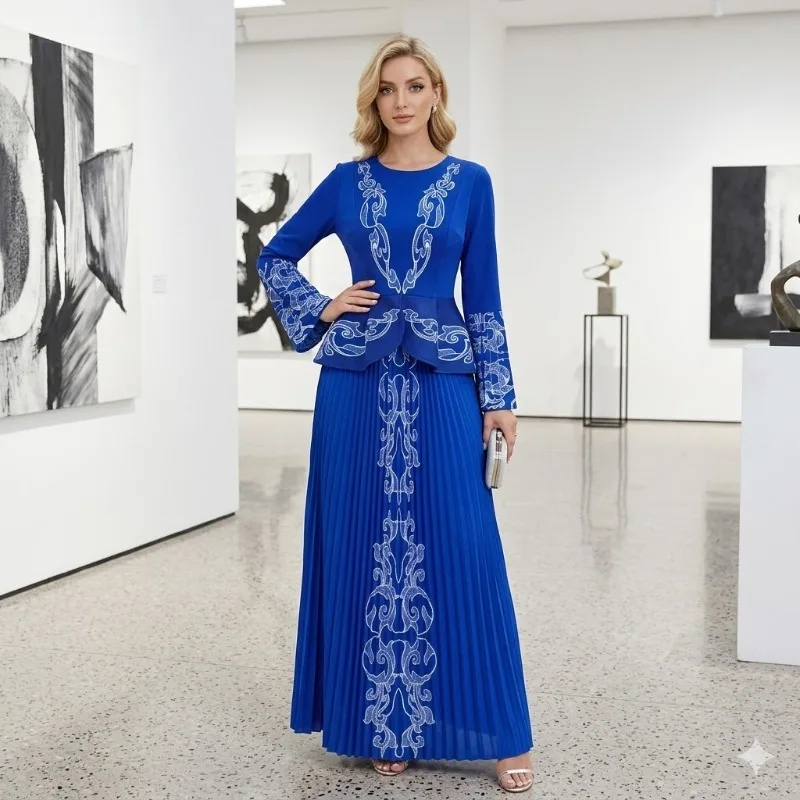 

Комплект с плиссированной юбкой Miyake больших размеров, весна 2026, новинка, свободный крой, модный винтажный принт, рукава-колокол, расслабленный комплект с юбкой