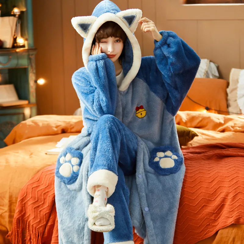 

Blue Fun Cute Women's Coral Fleece Pajamas Set Winter Thickened Flannel Robe Warm Autumn Loungewear Home Clothing for Ladies