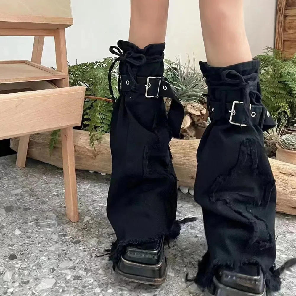 Spicy Girl Y2k Leg Warmer Harajuku Punk Black Denim Leg Covers Vintage Drawstring Strap Leg Sleeve