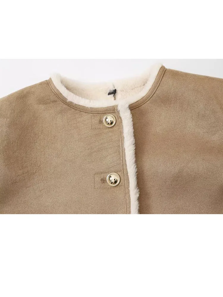 HH femmes hiver nouvelle mode bouton doré réversible veste chaude femme col rond simple boutonnage haute rue décontracté manteau court