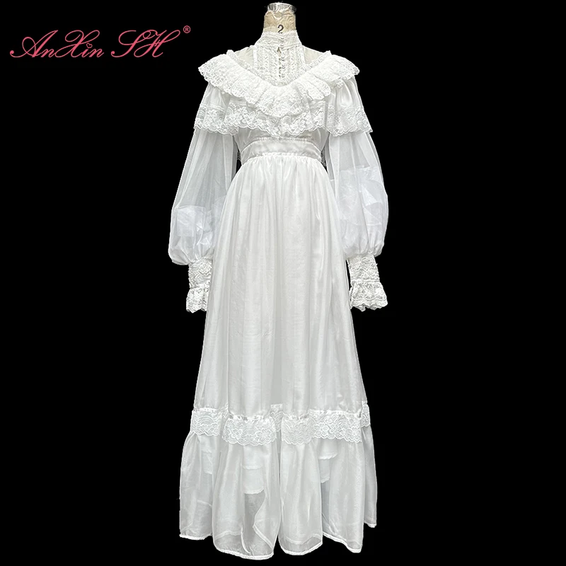 AnXin SH vintage princesa gasa blanca ilusión cuello alto volantes flor encaje manga larga cremallera una línea personalizar vestido de noche