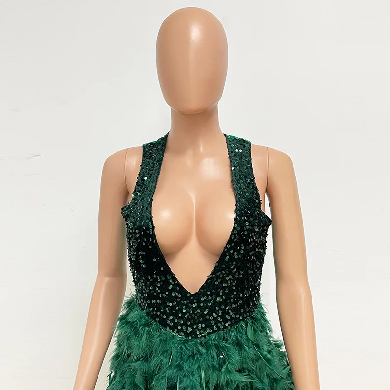 Vestido de lentejuelas de lujo para mujer, pluma de avestruz, Sexy, cuello en V, sin mangas, Espalda descubierta, Formal, informal, Mini vestido de noche para fiesta