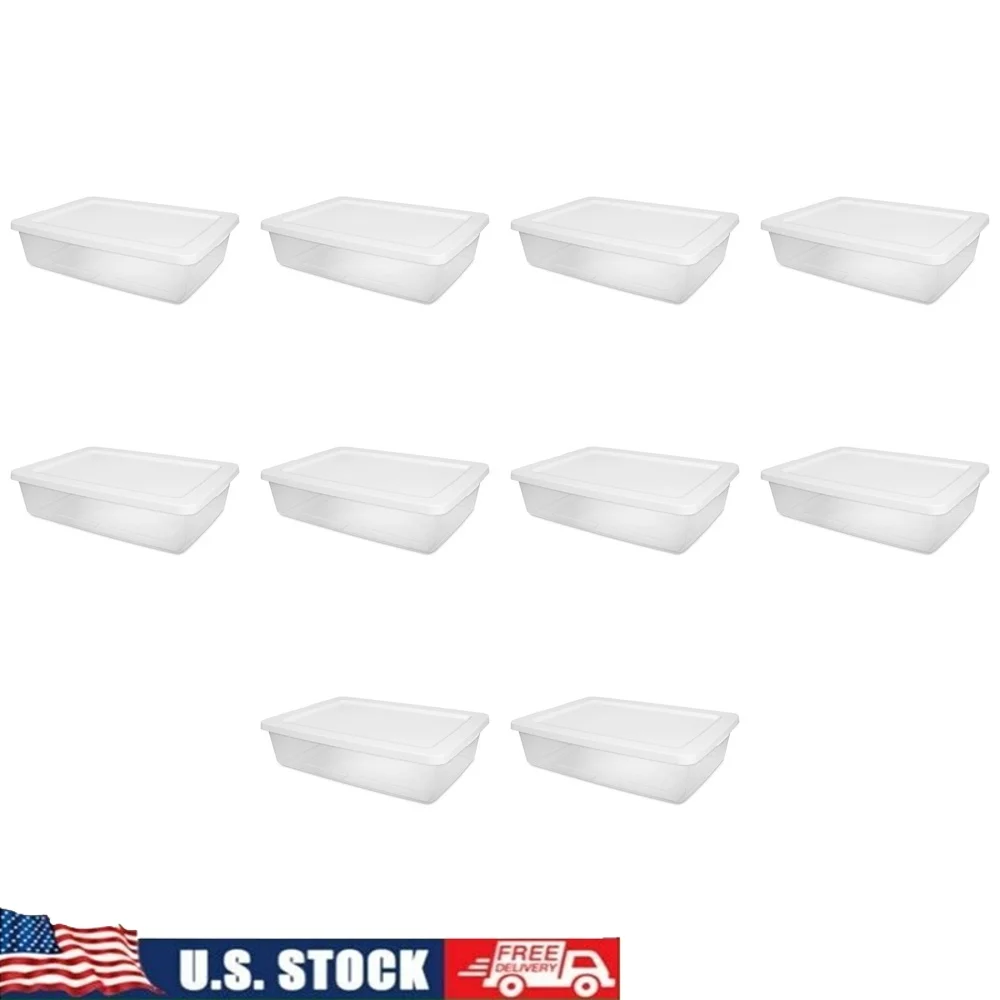 

28 Qt Storage Box Set of 10 Stackable Plastic Containers with Opaque Snap Lid Clear Base Versatile Household Organizers Clothing