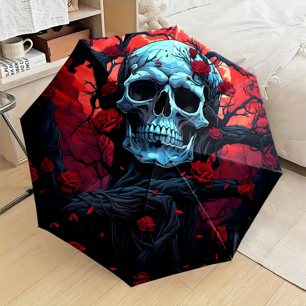 1PC "Skull and Roses Umbrella with Gothic Artwork Design" Print 8 Iron Ribs Folding Umbrella Auto-Open Fashion Sunshade