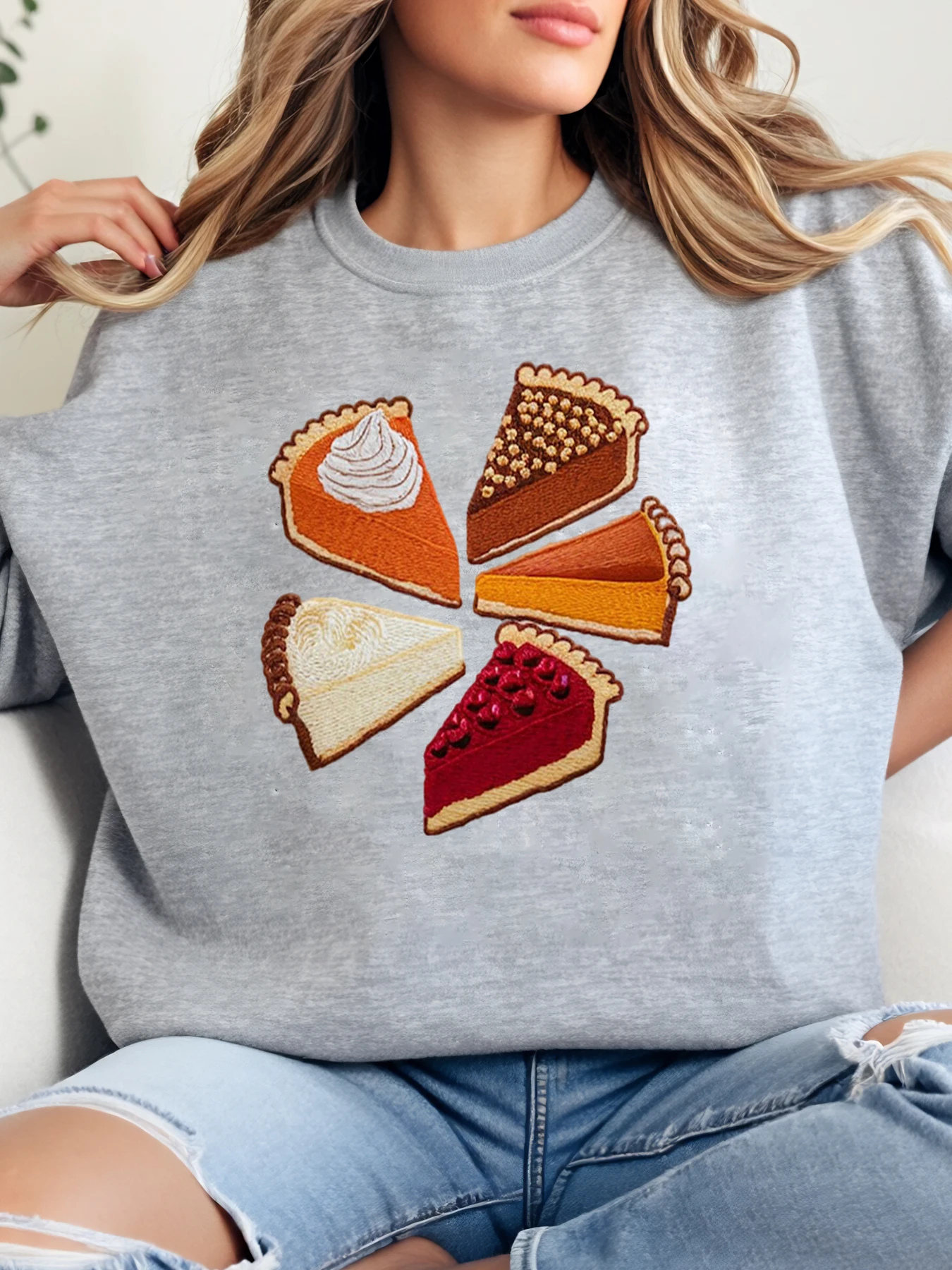 

Толстовка с круглым вырезом и принтом пирогов на День Благодарения, женская повседневная осенняя одежда, серая, больших размеров