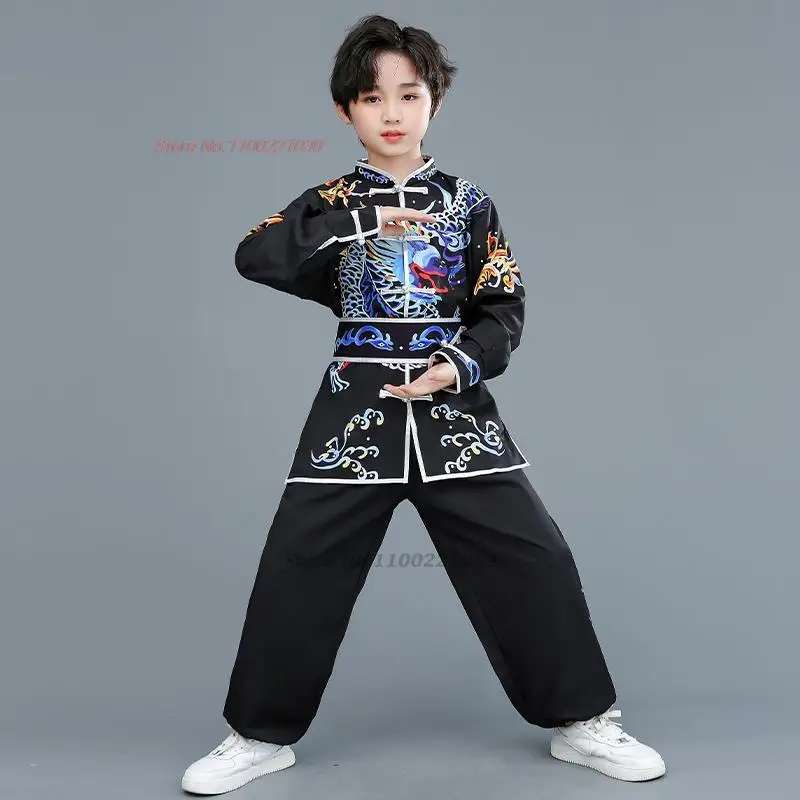 2024 chinese children traditional tai chi wushu kung fu martial arts set vintage performance suit dragon print kung fu suit