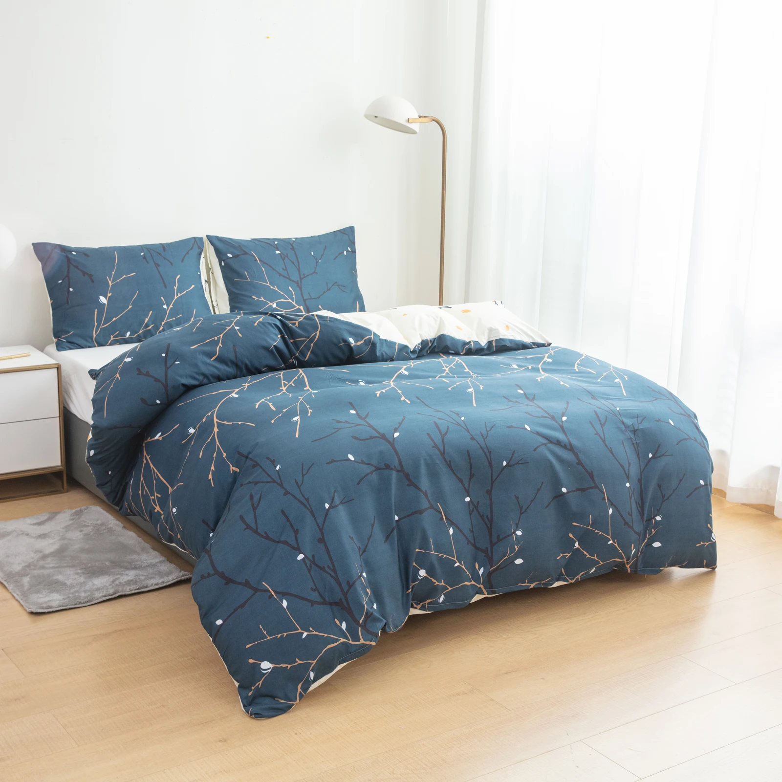 2 Pillowcases + 1 Duvet Cover, Polyester Floral Print Ab Version Double Bedspread 3-Piece Set, Ultra-Soft and Comfortable Polyester Breathable Bedding Duvet Set, Suitable for Bedroom and Guest Room (Bedspread + Pillowcases, Without Quilt and Pillow Core) Zipper Duvet Cover + Pocket Pillowcase