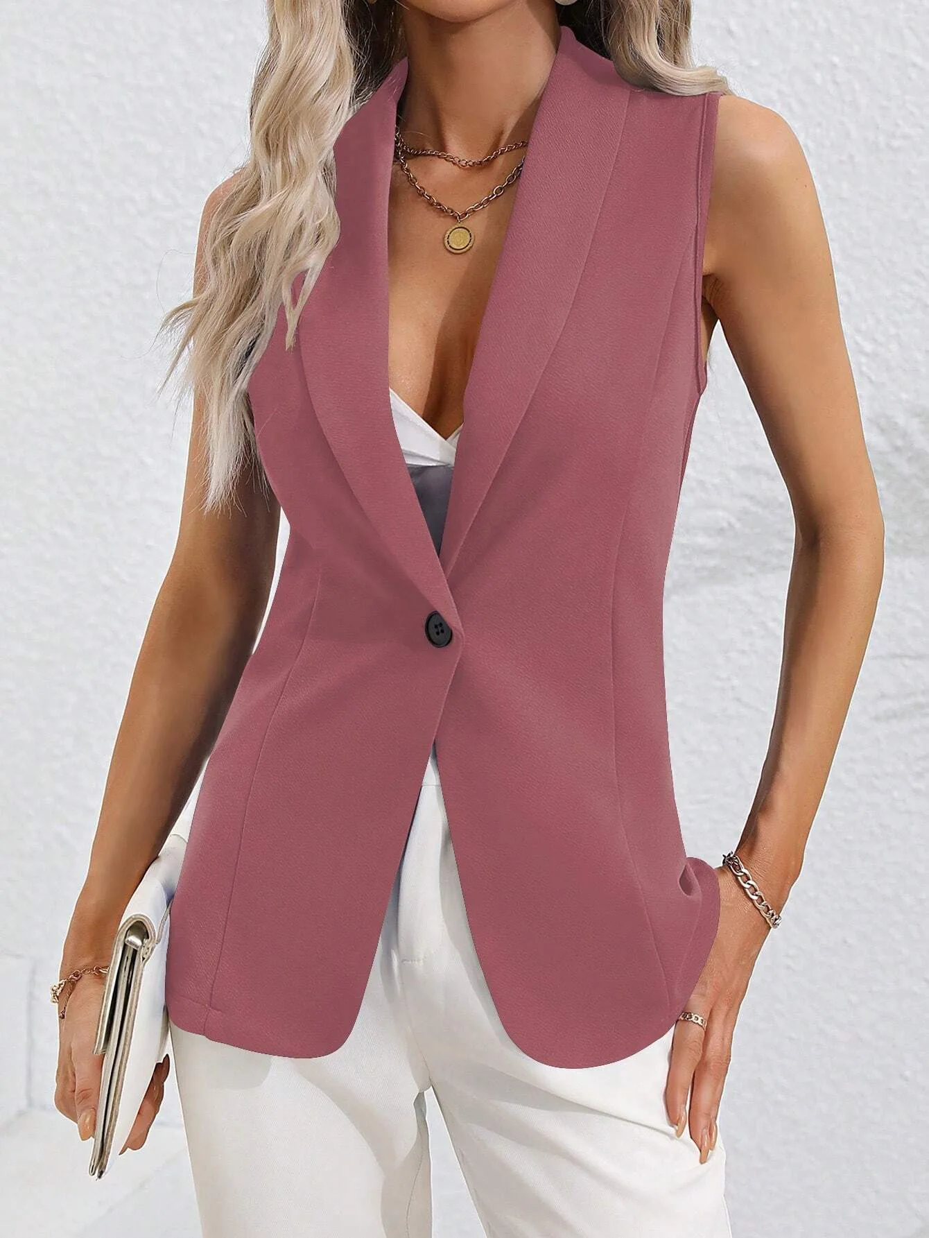 Sexy hot girl solid color cardigan single button jacket sleeveless round neck jacket women\'s jacket