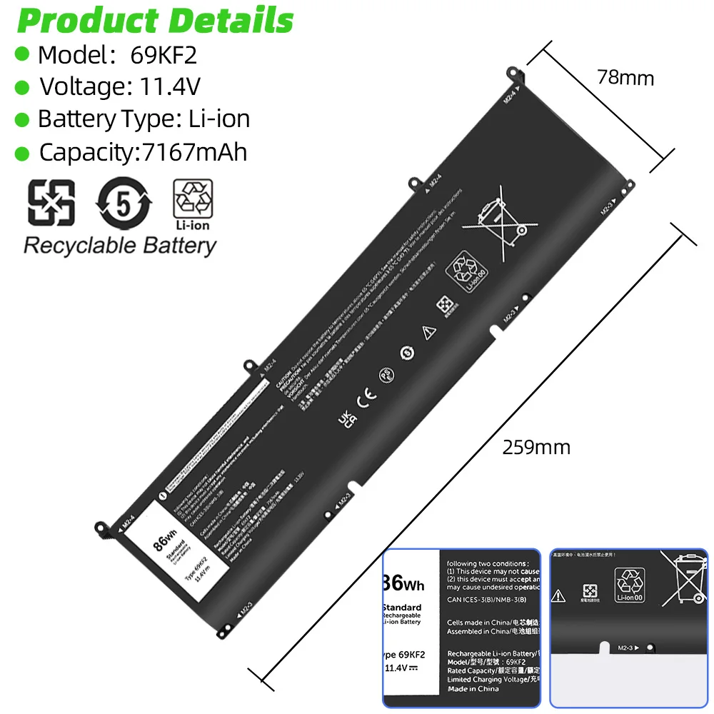 69KF2 P91F P87F Battery for DELL XPS 15 9500 9510 9520 9530 Precision 5550 5560 G155510 5511 5520 5515 5521 G7157500 86WH