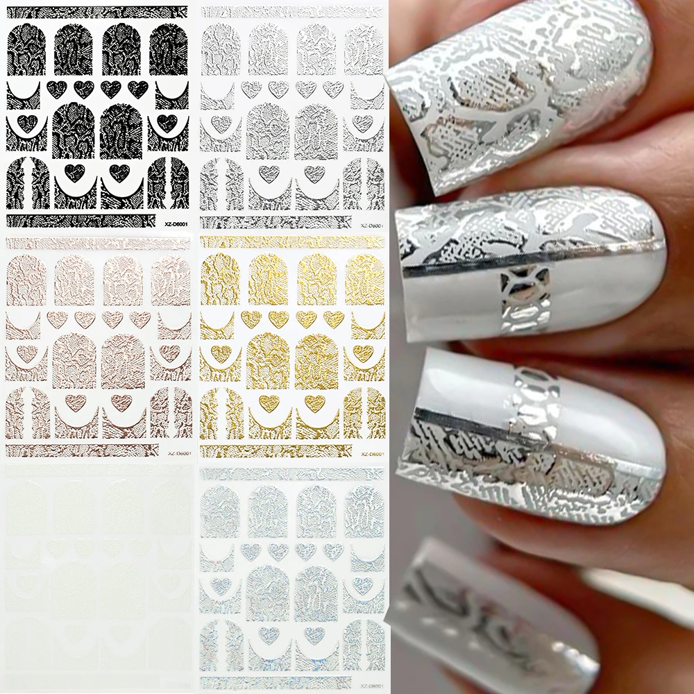 6 uds 3D pegatina bronceada para uñas de piel de serpiente francés/corazón oro plata estampado de serpiente pegatina para uñas DIY línea de serpiente autoadhesiva deslizador de uñas