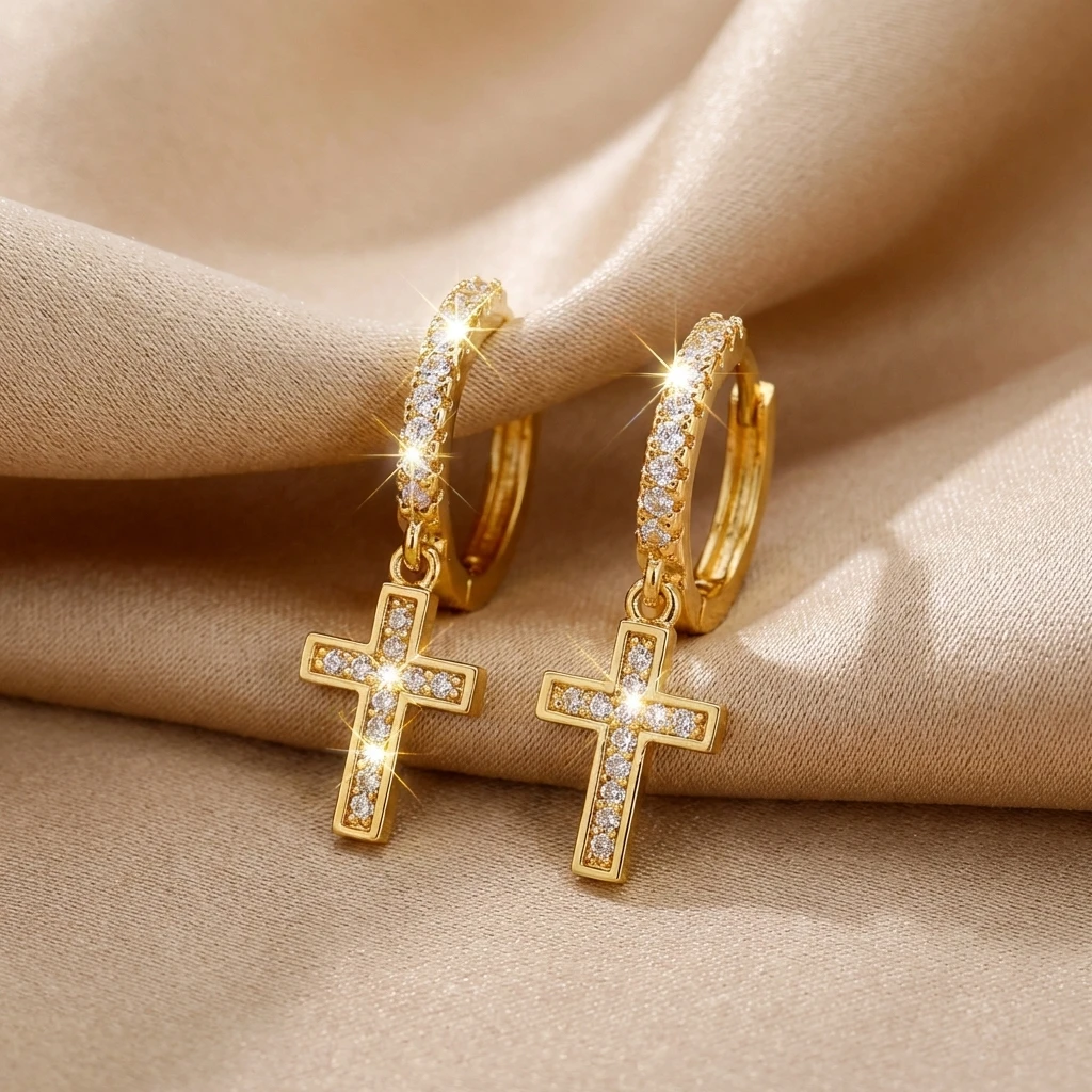 Copper Cubic Zirconia Cross Huggie Hoop Earrings for Women Sparkly Crystal Dangle Drop Earrings Punk Gothic Fashion Jewelry