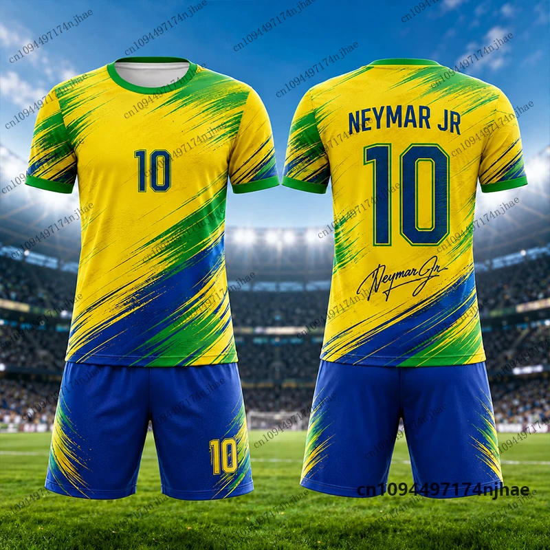 2 Piece Outfits Children Tracksuit Neymar #10 Print T-shirt+Shorts Set Sports Football Jersey Suit Casual Kids_Adult Clothes