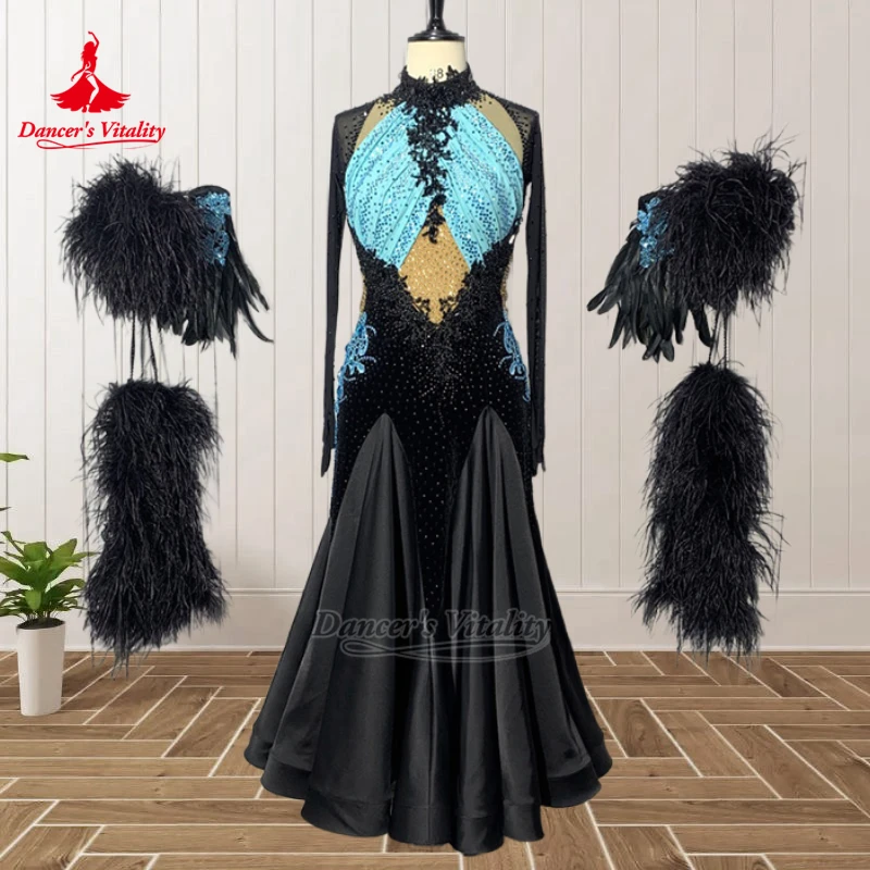 

Элегантные платья для взрослых женщин для международных соревнований по вальсу и квикстепу, имитация шелка, с изящным подолом, на заказ, для танцовщиц, подчеркивающие жизненную энергию