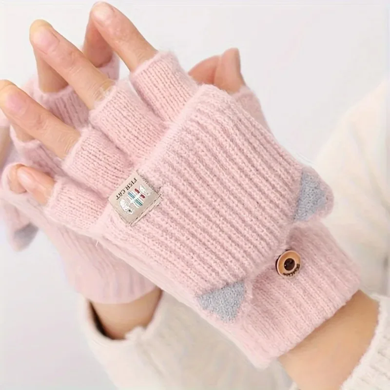 Women's cat ear convertible fingerless gloves, winter warm gloves, elastic fit design, fashionable and warm cat ear gloves/