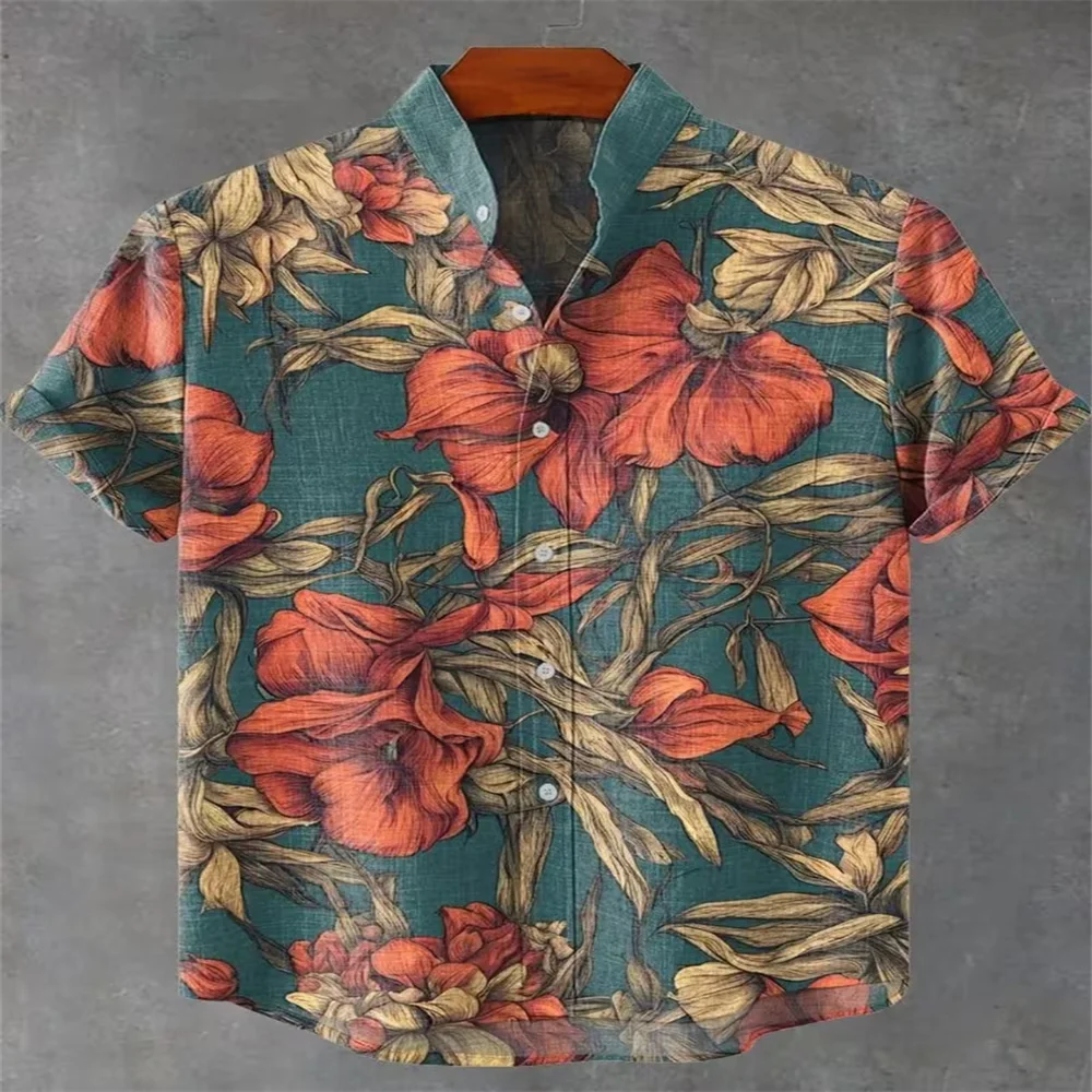 Men's Short Sleeve Shirt Cute Parrot Bird Print Stand Collar Casual Beach Shirts Summer Vacation Loose Hawaiian Blouse European