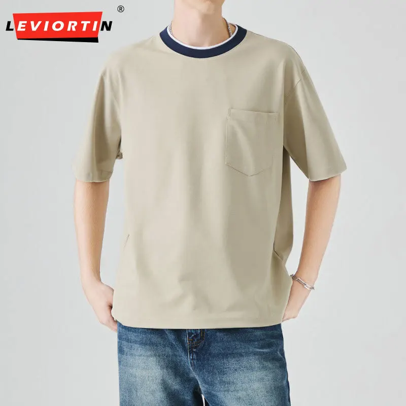 Men's summer Korean version, high-end, trendy, color blocking, versatile, loose round neck, inner short sleeved T-shirt top