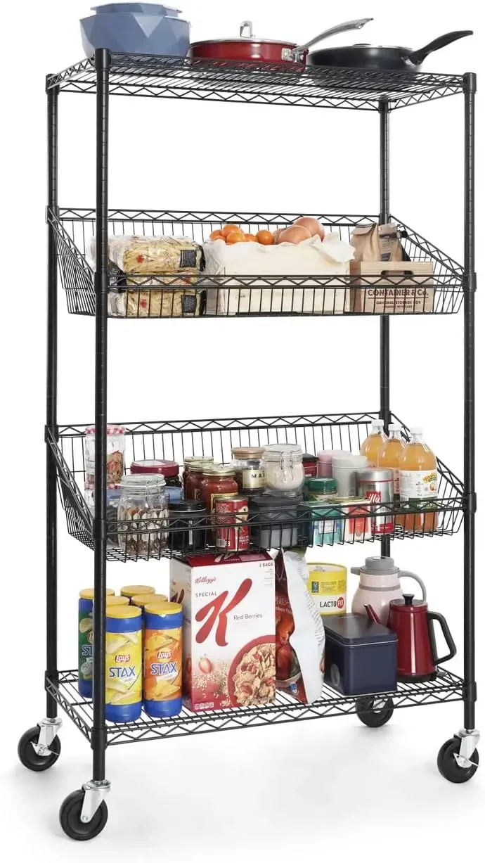 NSF Commercial Heavy Duty 4 Tier Wire Shelving w/Two Rectangle Baskets, Wheels, Leveling Feet, Storage Metal Shelf