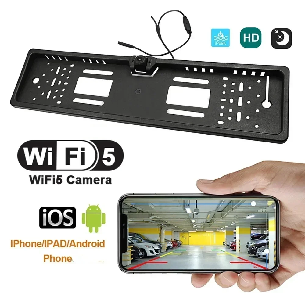 WiFi-Rückfahrkamera 170 ° Weitwinkel-Kamera für europäische Autokennzeichen, Frontansicht, kabelloser Kennzeichenrahmen, Rückfahrkamera für iOS/Android, wasserdicht, Nachtsicht – Detail 3