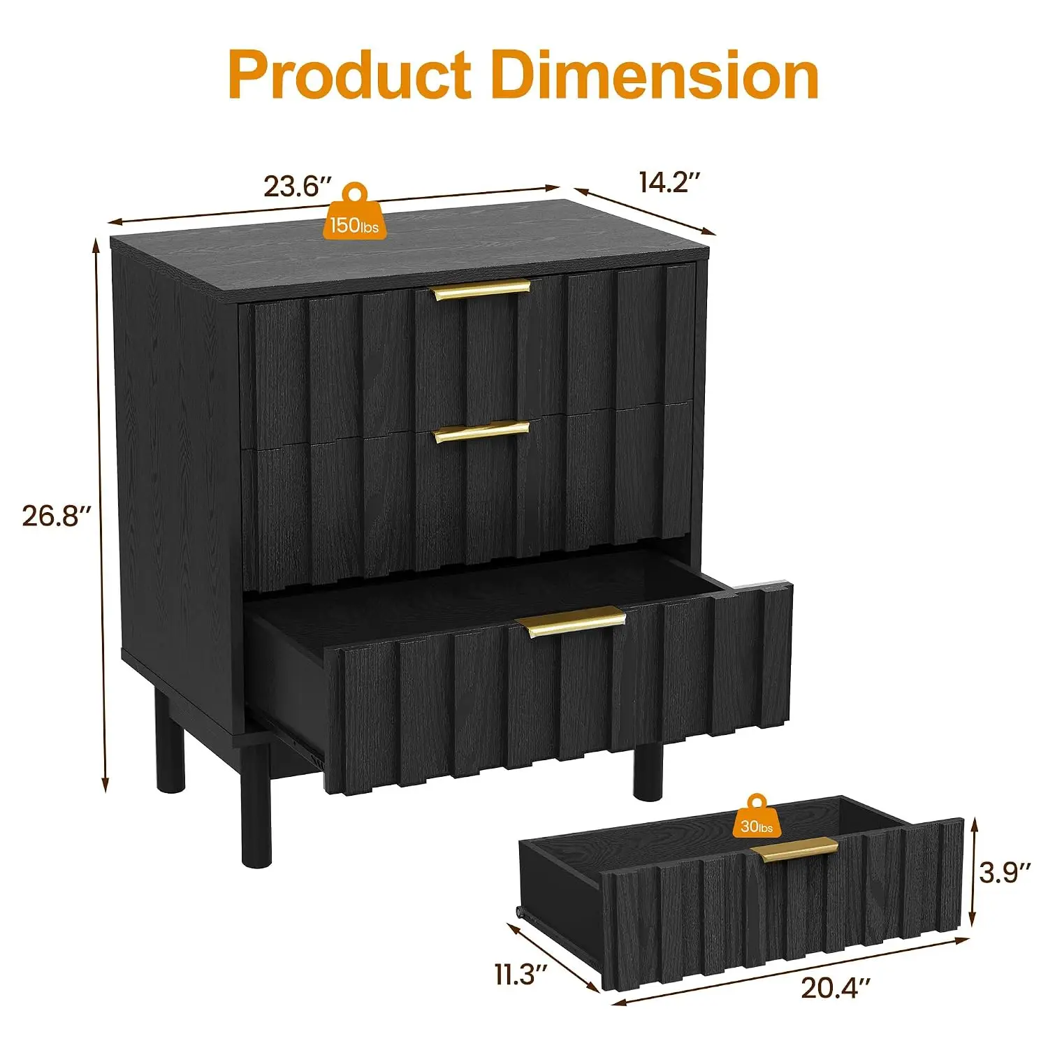 Modern Fluted 3 Drawer Nightstand Set Of 2, Wooden Storage Side Table With Edge Pull For Bedroom Living Room, Black, Customized