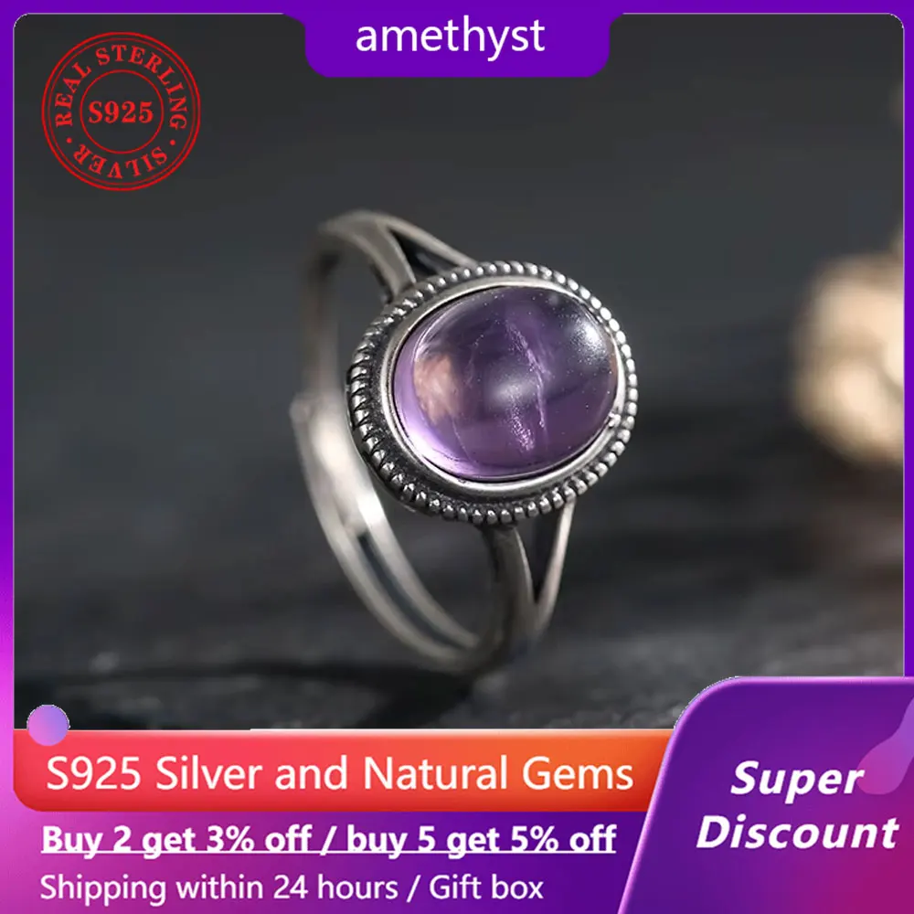 

Retro 925 sterling silver natural amethyst ring for women, guardian of love crystal exquisite wedding jewelry, birthday gift